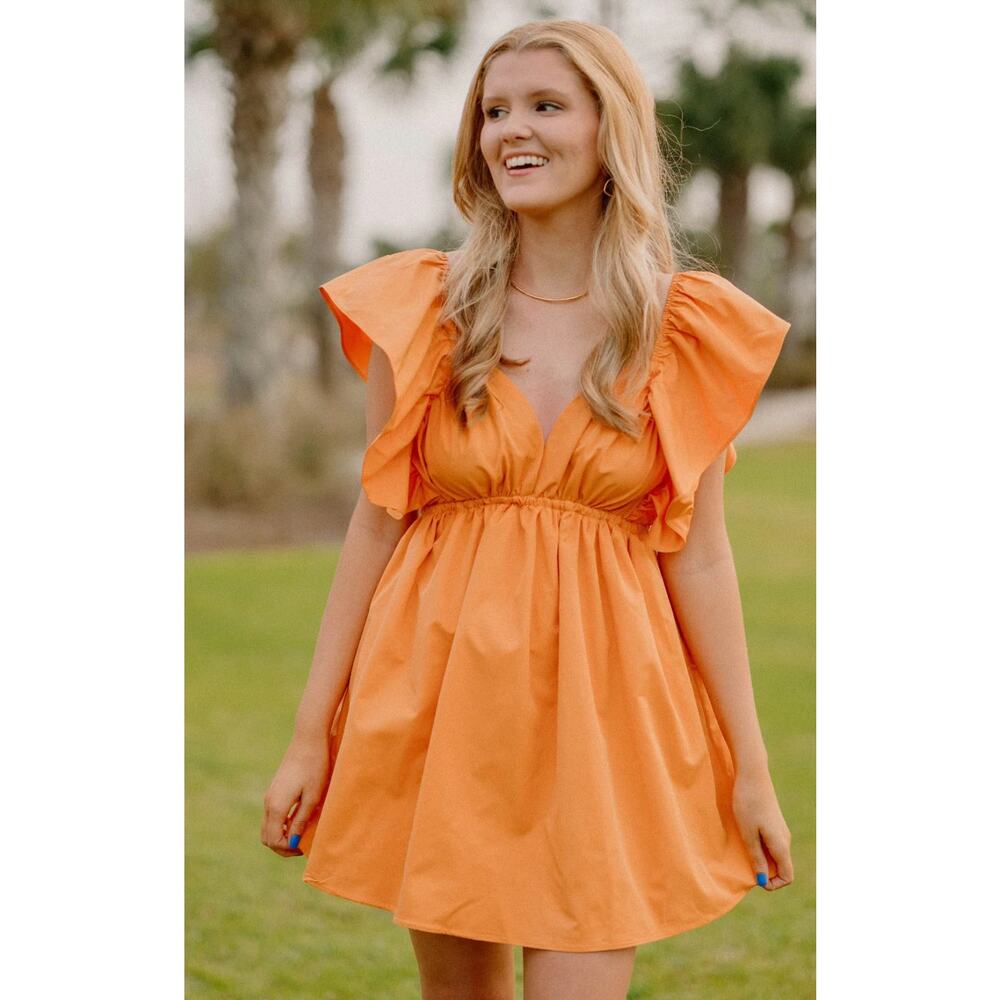 FORE Carolyn Statement Flutter Sleeve Mini Dress in Orange Size S - Picture 9 of 10